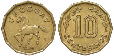 Уругвай 10 сентесимо 1976 KM 66 алюминиевая бронза 4164-743