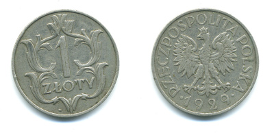 ПОЛЬША 1 ЗЛОТЫЙ 1929 w KM 14 никель 4383-227