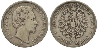Бавария 2 марки 1876 Людвиг II (1864-1886) Weege 41, J. 41, KM 505 серебро 413-6815