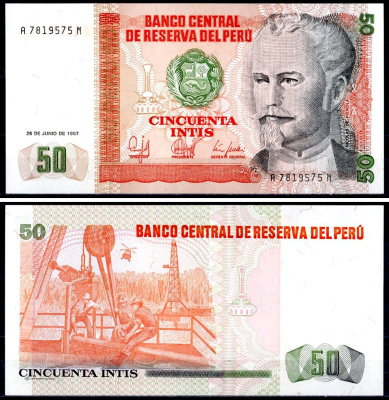 Перу 50 инти 1987 Николас де Пьерола, президент Pick 131 b бумага UNC (пресс) 402-49-1-2