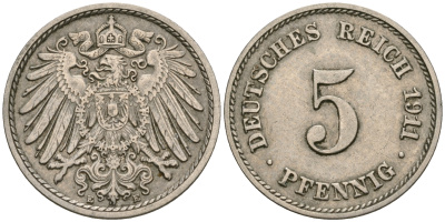 Германия 5 пфеннигов 1911 E KM 11, Jager 12, Weege 6 медно-никель 4608-942