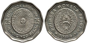 Аргентина 25 песо 1965 первая монета отчеканенная в Аргентине в 1813 году KM 61 сталь плакированная никелем 4185-532