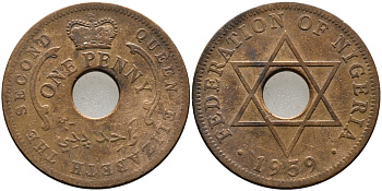 Нигерия 1 пенни 1959 Елизавета II (1952-), Британский протекторат KM 2 бронза 51-2752