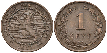 Нидерланды 1 цент 1877 Виллем III (1849-1890) KM 107 бронза 4576-523