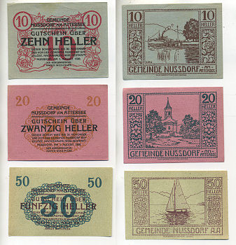 АВСТРИЯ НАБОР ИЗ 3 БАНКНОТ 1920 1 АВГУСТА 1920-30 НОЯБРЯ 1920, НОТГЕЛЬД, 10, 20, 50 ГЕЛЛЕРОВ, NUSSDORF am ATTERSEE бумага XF 6278-22-3