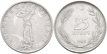 Турция 25 курушей 1969 KM 892.3 нержавеющая сталь 4548-243
