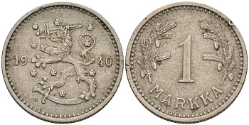 ФИНЛЯНДИЯ 1 МАРКА 1940 S KM 30 медно-никель 4563-643