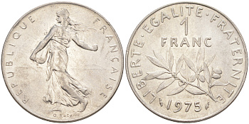 Франция 1 франк 1975 сеятель KM 925.1, Le Franc 226.20 никель 4513-745