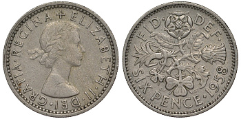 Великобритания 6 пенсов 1958 Елизавета II (1952-2022) KM 903, Spink 4149 медно-никель 4128-831