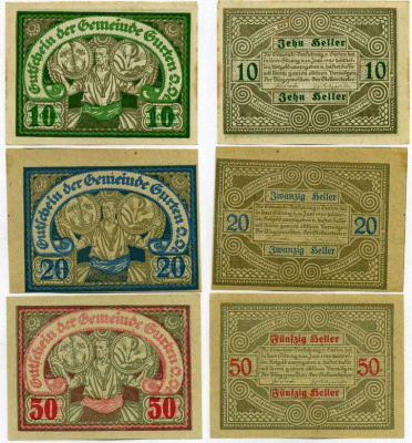 Австрия, Гуртен набор из 3 банкнот 10, 20, 50 геллеров 1920 31 октября 1920, нотгельд, община в земле ВЕРХНЯЯ Австрия   бумага  аUNC  000-00-00