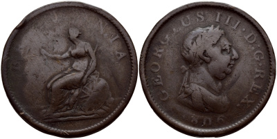 Великобритания 1 пенни 1806 Георг III (1760-1820) Spink 3780, KM 663 медь 4179-413