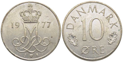 ДАНИЯ 10 ЭРЕ 1977 S; B, МАРГРЕТЕ II (1972-) KM 860.1 медно-никель 116-246