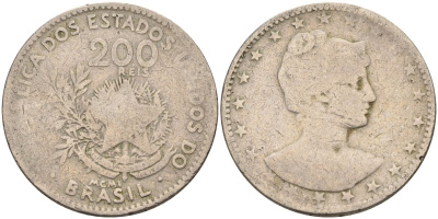 Бразилия 200 рейс 1901 голова свободы вправо KM 504 медно-никель 4589-1036
