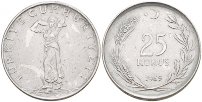 Турция 25 курушей 1969 KM 892.3 нержавеющая сталь 4548-243