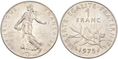 Франция 1 франк 1975 сеятель KM 925.1, Le Franc 226.20 никель 4513-745