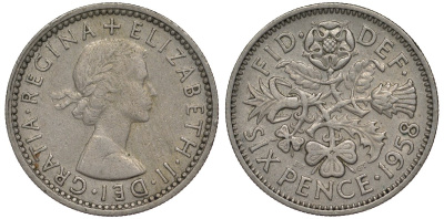 Великобритания 6 пенсов 1958 Елизавета II (1952-2022) KM 903, Spink 4149 медно-никель 4128-831