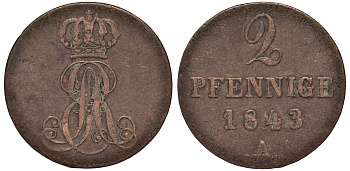 Ганновер 2 пфеннига 1843 A, Эрнст Август (1837-1851) KM 174.1, AKS 122, J. 55 медь 75-1751