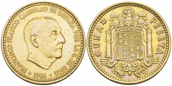 ИСПАНИЯ 1 ПЕСЕТА 1966 (72) ФРАНСИСКО ФРАНКО ДИКТАТОР ИСПАНИИ (1939-1975) КМ 796 алюминиевая бронза 87-1454