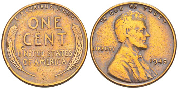США 1 цент 1945 Линкольн KM А132 медь цинк 218-168