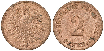 Германия 2 пфеннига 1874 B, старогербовка KM 2, J. 2 медь 4174-453