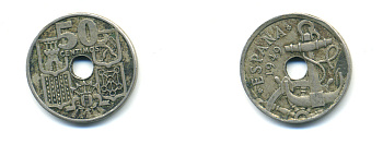 Испания 50 сентимо 1949 (56) Франко (1939-1975), морская атрибутика KM 777 медно-никель 89-653