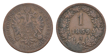 Австрия 1 крейцер 1859 A, Франц Иосиф I (1848-1916) KM 2186 медь 4639-164