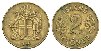 Исландия 2 кроны 1946 KM 13 алюминиевая бронза 4635-116