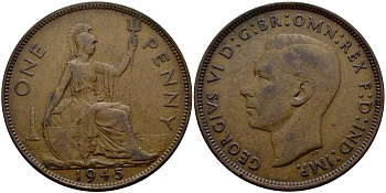 Великобритания 1 пенни 1945 Георг VI (1936-1952) KM 845, Spink 4114 бронза 4607-713