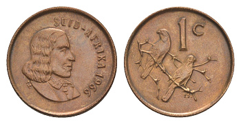 ЮАР 1 цент 1966 Ян ван Рибек (1619-1677), Suid Africa, легенда на африкаанс, капские воробьи KM 65.2 бронза 4596-236