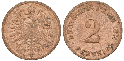 Германия 2 пфеннига 1874 B, старогербовка KM 2, J. 2 медь 4174-453