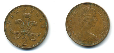 Великобритания 2 пенса 1971 Елизавета II (1952-2022) КМ 916, Spink 4235 (C1) бронза 4110-625