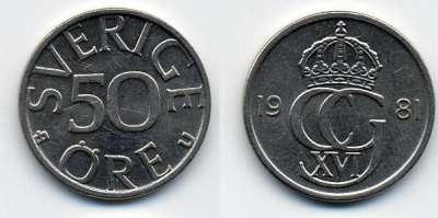 Швеция 50 эре 1981 Карл XVI Густав (1973- ) KM 855 медно-никель 23-1425