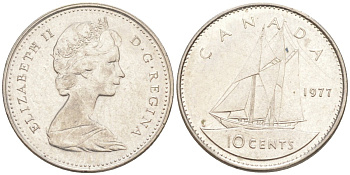 Канада 10 центов 1977 Елизавета II (1952-2022), парусник KM 77.1 никель 187-419
