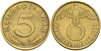 Германия 5 рейхспфеннигов 1938 A KM 91, J. 363 алюминиевая бронза 4151-831