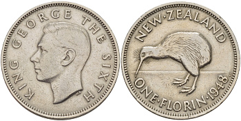 Новая Зеландия 1 флорин 1948 Георг VI (1937-1952), птичка киви, первый год KM 18 медно-никель 38-222