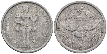 Французская Новая Каледония 2 франка 1973 птица кагу, (IEOM) KM 14, Schoen 11, Lec 57 алюминий    08-614