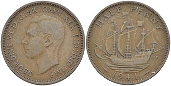Великобритания 1/2 пенни 1941 Георг VI (1936-1952) KM 844, Spink 4115 бронза 4538-825
