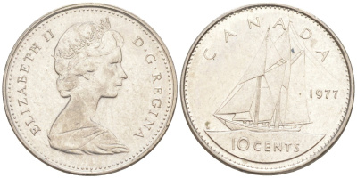 Канада 10 центов 1977 Елизавета II (1952-2022), парусник KM 77.1 никель 187-419
