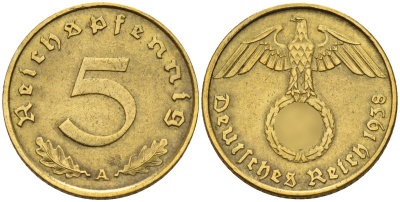 Германия 5 рейхспфеннигов 1938 A KM 91, J. 363 алюминиевая бронза 4151-831