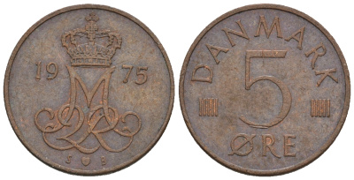 Дания 5 эре 1975 S; B, Маргрете II (1972- ) KM 859.1 железо плакированное медью 4609-1115