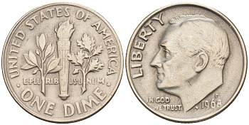 США 10 ЦЕНТОВ = 1 ДАЙМ 1968 D, РУЗВЕЛЬТ KM 195a медь плакированная медно-никелем 188-416