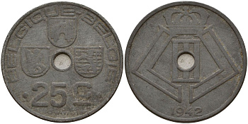 Бельгия 25 сантимов 1942 Belgique - Belgie, германская оккупация, вторая мировая война KM 131 цинк 4150-811
