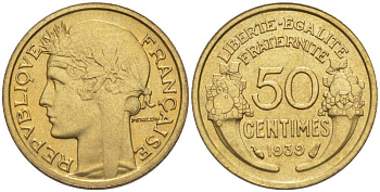 ФРАНЦИЯ 50 САНТИМОВ 1939 ТИП MORLON KM 894.1, LE FRANC 192.15 алюминиевая бронза 44-868