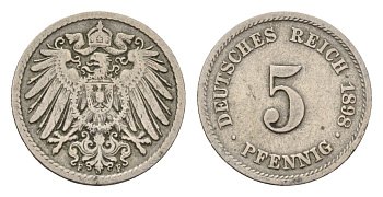 Германия 5 пфеннигов 1898 F, Вильгельм II (1888-1918) KM 11, J. 12 медно-никель 4632-1069