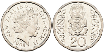 Новая Зеландия 20 центов 2008 Елизавета II (1952-2022), идол Пукаки KM 118а никелированная сталь 4579-1157