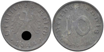 ГЕРМАНИЯ 10 РЕЙХСПФЕННИГОВ 1944 D KM 101, J. 371 цинк 4401-534