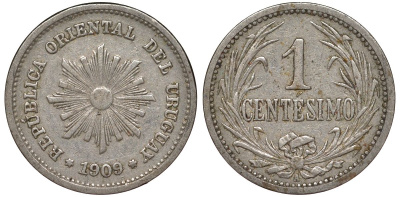 Уругвай 1 сентесимо 1909 KM 19 медно-никель 4169-621