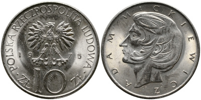 Польша 10 злотых 1975 MW, Адам Мицкевич (1798-1855) KM 74, Parchimowicz 242a медно-никель UNC 441-822