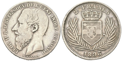 Свободное государство Конго 2 франка 1896 Леопольд II (1865-1909), подделка для обращения KM 7 серебро 63-825