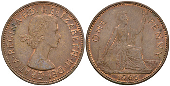 Великобритания 1 пенни 1966 Елизавета II (1952-2022) KM 897, Spink 4157 бронза 4607-1242